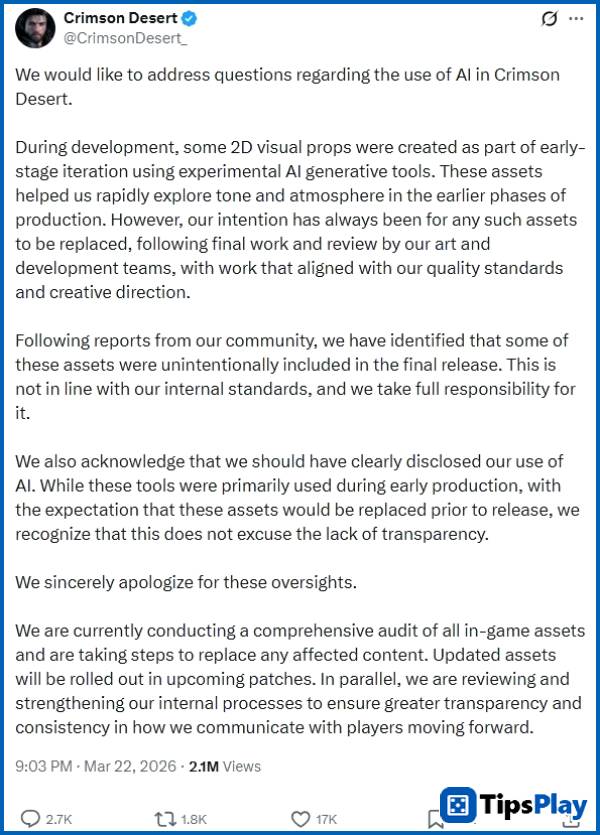 images 2 of Pearl Abyss officially apologizes for the AI ​​scandal in Crimson Desert: The AI ​​was overlooked because they thought it had been replaced.